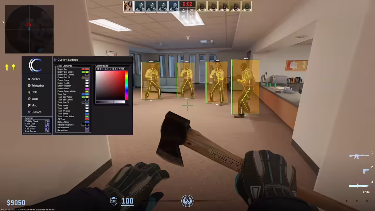 iCheat CS2 in-game screenshot with recoil control compensation pattern for M4A4 and AK-47 visible