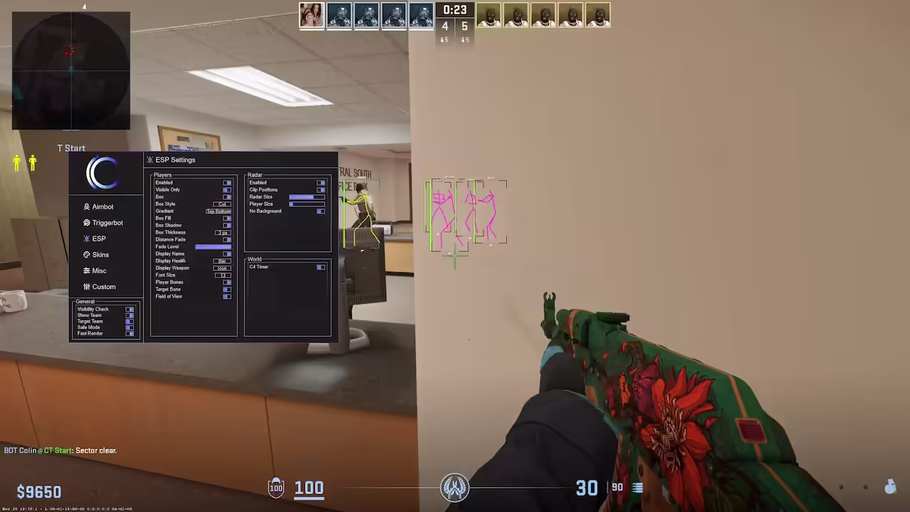 minimap radar overlay showing all player positions feature active during Counter Strike 2 gameplay