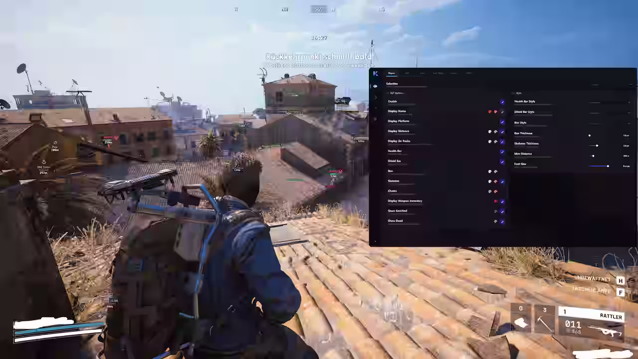 Klar.gg Arc Raiders cheat menu showing enemy player position highlighted through cover material in the ESP