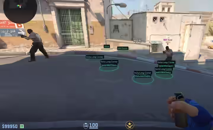 CS2 street with grenade helper landing spots marked
